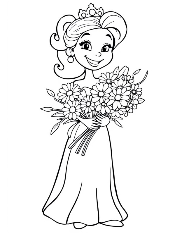 Prinses met een boeket bloemen kleurplaat Prinses met een boeket bloemen kleurplaat