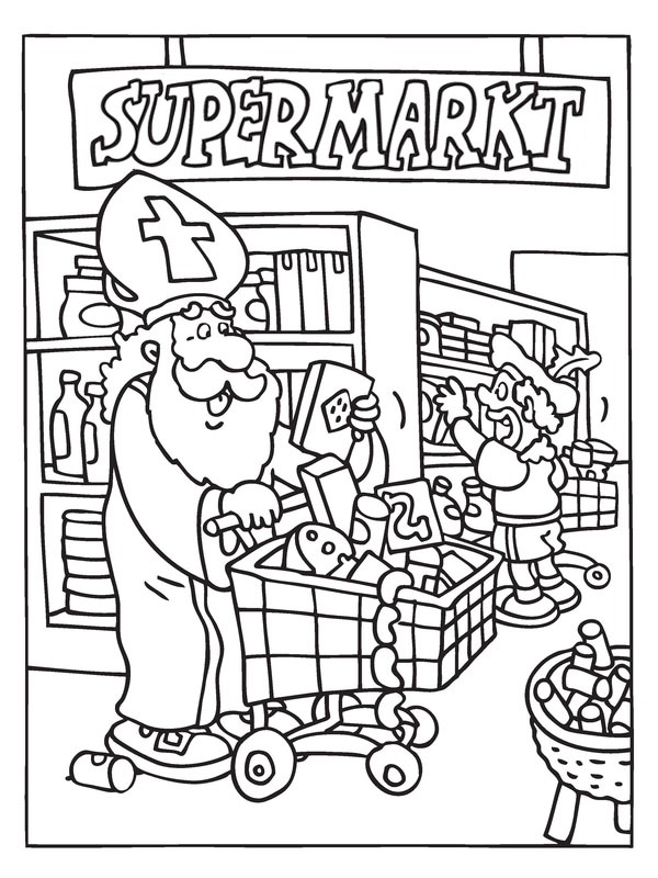 Sinterklaas in de supermarkt Kleurplaat