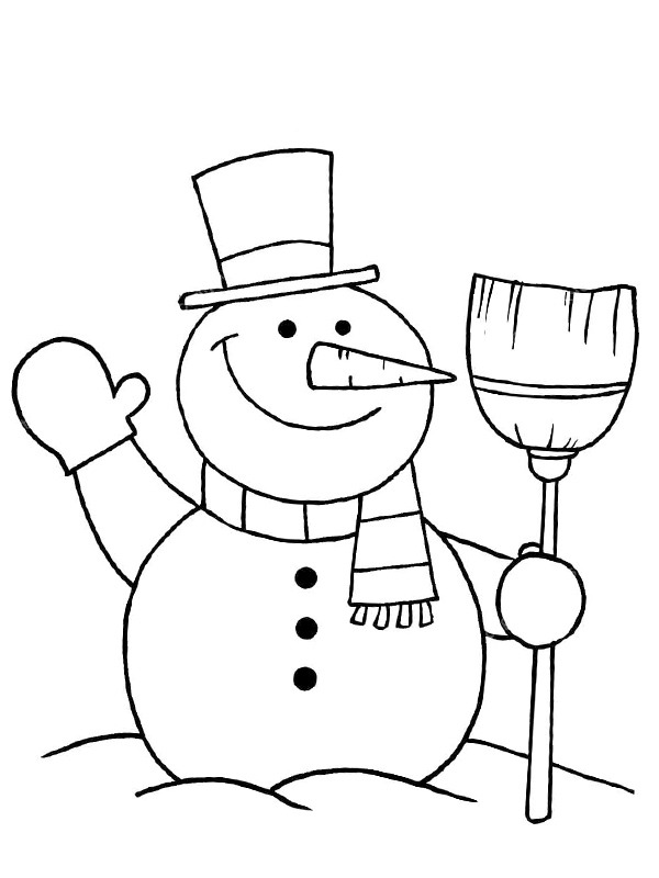 Sneeuwpop met bezem Kleurplaat