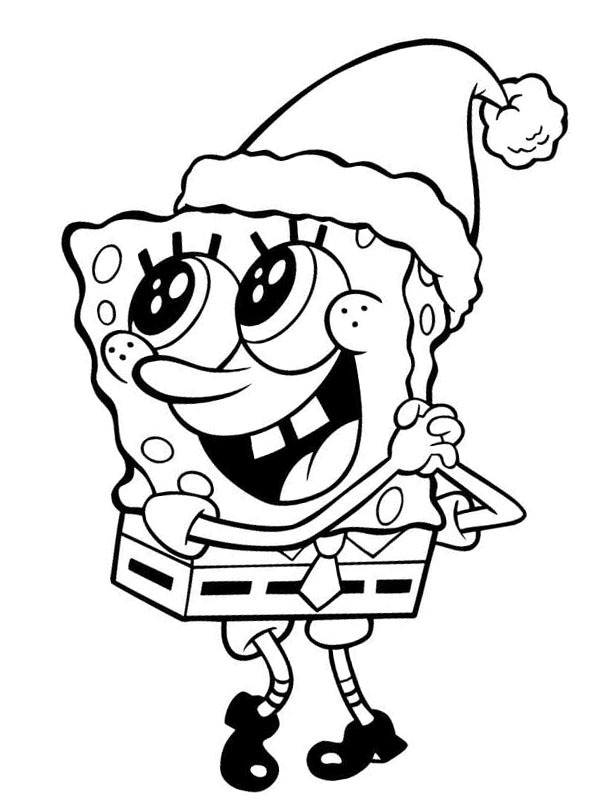 Spongebob met kerstmuts Kleurplaat