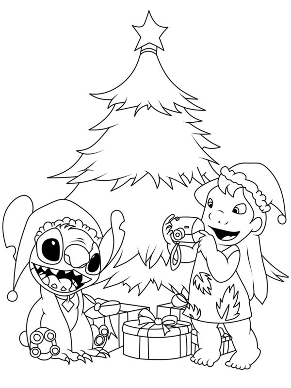 Stitch en Lilo bij de kerstboom Kleurplaat