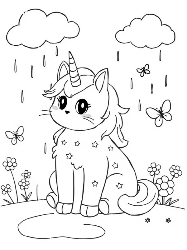 Unicorn kat zit in de regen kleurplaat Unicorn kat zit in de regen kleurplaat