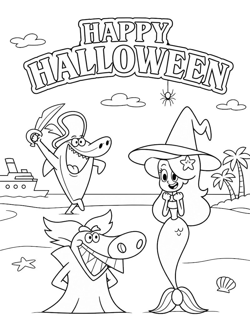 Zig, Sharko en Marina vieren Halloween kleurplaat Zig, Sharko en Marina vieren Halloween kleurplaat