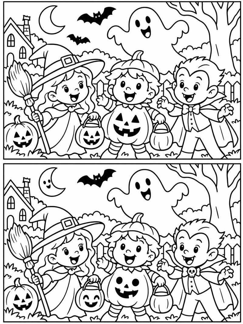 Zoek de 5 verschillen Halloween kleurplaat Zoek de 5 verschillen Halloween kleurplaat